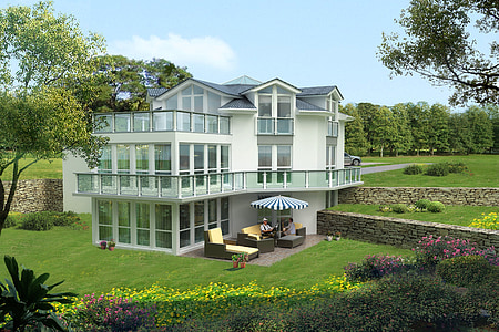 white 3-storey modern house on green field thumbnail
