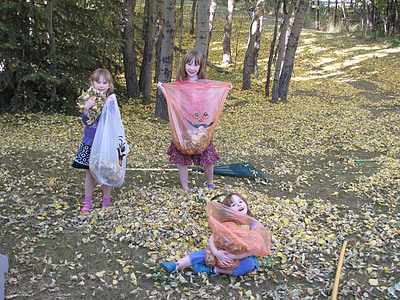 three girls holding plastic bags and collecting leaves during daytime thumbnail