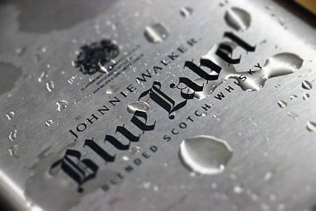 Johnnie Walker Blue Label blended scotch whisky label filled with water droplets thumbnail