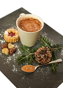 White Ceramic Mug With Brown Liquid and Pine Cone thumbnail