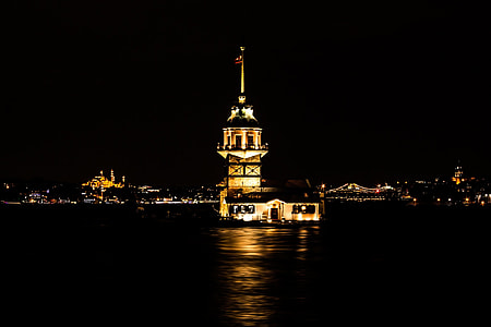 light house surrounded by water during nighttime thumbnail