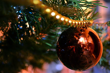 brown bauble hanging on green christmas tree thumbnail