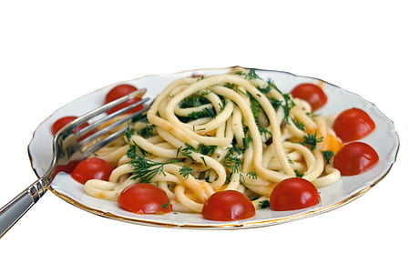 grey stainless steel fork and pasta on white ceramic plate thumbnail