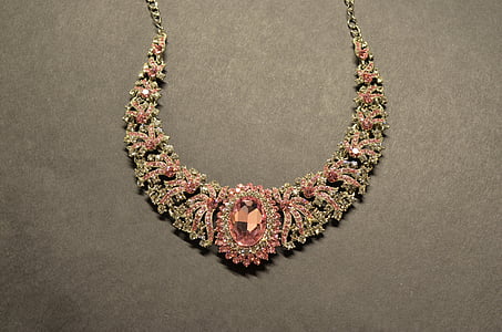 women's silver-colored necklace with pink gemstones thumbnail