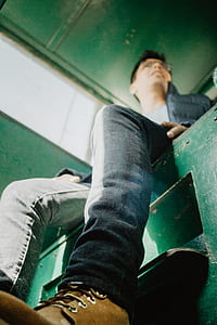 low angle photography of man sitting on chair thumbnail