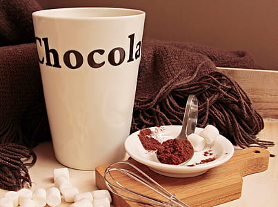 photo of white Chocolate print mug beside spoon with marshmallow on saucer thumbnail