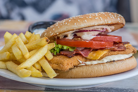 burger and potato fries on plate thumbnail