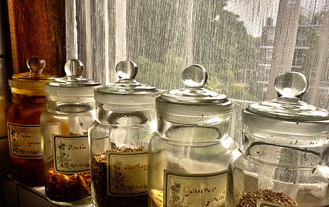 five clear glass jars thumbnail