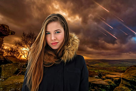 woman in black parka jacket with shooting star background thumbnail