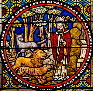 religious man surrounded by three animals wall decor thumbnail