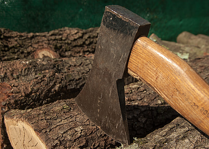 closeup photo of brown and black ax placed on brown wood log thumbnail