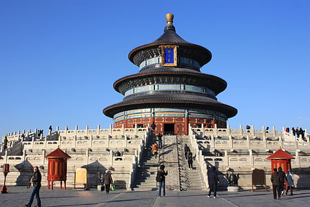 people standing near shrine under blue sky thumbnail