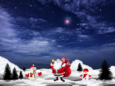 Santa Claus and two snowmen on Christmas Eve thumbnail