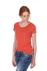 woman in red scoop-neck shirt and blue jeans thumbnail