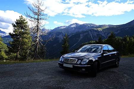 black Mercedes-Benz sedan near trees during daytime thumbnail