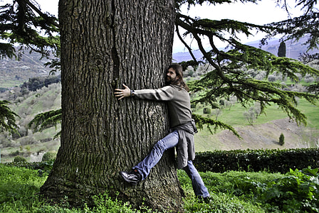 man hugging tree during daytime thumbnail