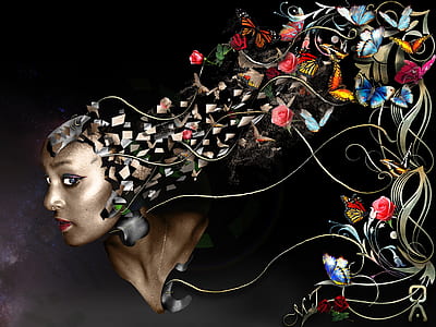 woman's head with butterflies and flower fading wallpaper thumbnail