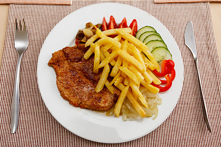 french fries, fried meat, cucumber, and slice chili thumbnail