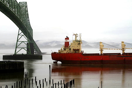 red and white boat under grey metal bridge during cloudy day thumbnail