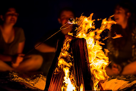 bonfire surrounded by people sitting on sand during nighttime thumbnail