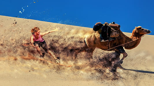 running camel and girl on sand thumbnail
