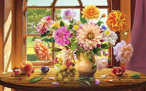 flowers in vase on top of table painting thumbnail