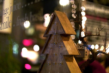 Brown Wooden Christmas Tree Design Decor Near Bulbs thumbnail