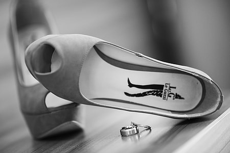 grayscale photo of pair of platform peep-toe wedges thumbnail