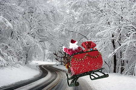 Santa Claus riding on carousel on snow covered trees and road thumbnail