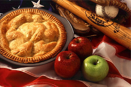 baked pie on tray near three apples thumbnail