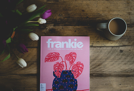 Frankie book near gray ceramic mug and white tulip flowers thumbnail