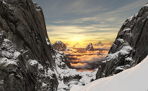 rock formation covered by snow at golden hour thumbnail