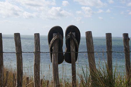 black flip-flops on fence in daytime thumbnail