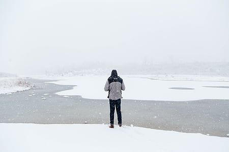 man standing in the middle of snow field thumbnail