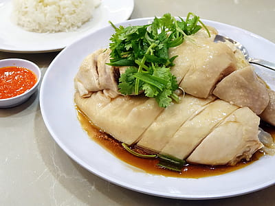 steamed chicken on white ceramic plate thumbnail