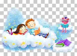 Cartoon , Kids to school background, girl and boy on clouds reading book illustration PNG clipart