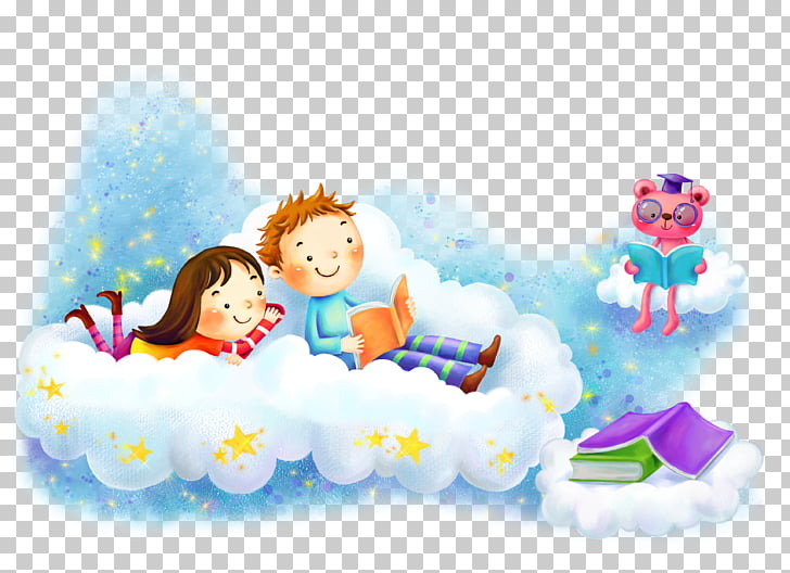 Cartoon , Kids to school background, girl and boy on clouds reading book illustration PNG clipart