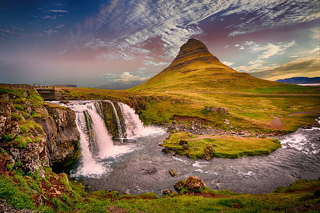 painting of white falls under blue sky thumbnail