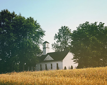 church surrounded by grass and trees under clear skies thumbnail