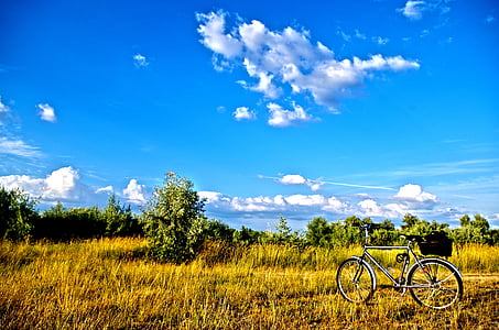 black bike on field under blue sky thumbnail