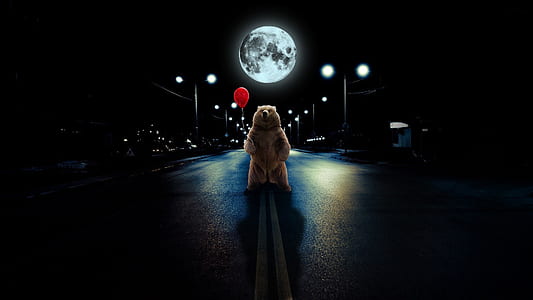 bear standing in the middle of road during full moon thumbnail