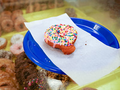 A cake donut with strawberry icing and sprinkles sitting on a blue plate. thumbnail
