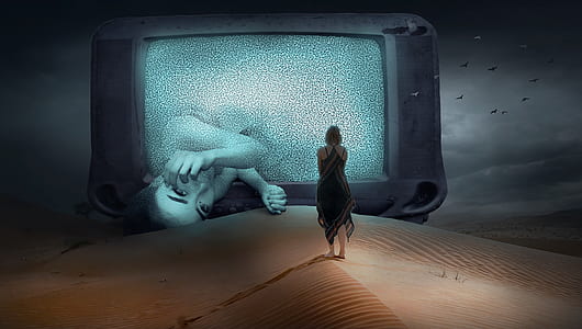 woman standing watching in the giant CRT television thumbnail
