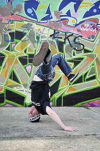 man doing break dance on front of gaffiti wall thumbnail
