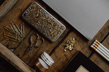 Office accessories on an old wooden tray thumbnail