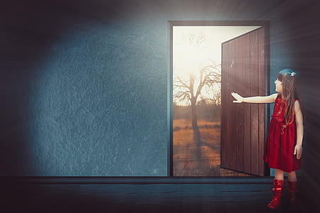 girl wearing red dress standing near opened door thumbnail