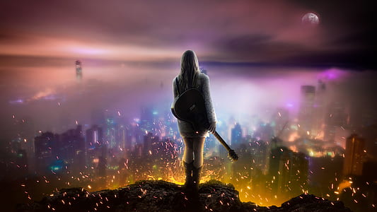 woman holding guitar and facing city buildings thumbnail