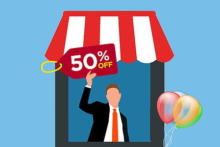 Illustration of man in a booth with a 50 of sale sign. thumbnail