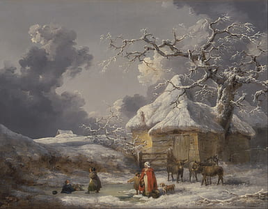 people with animals outside wooden house painting thumbnail