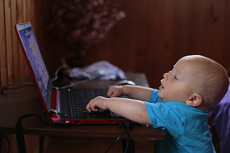 toddler wearing blue shirt using laptop computer thumbnail